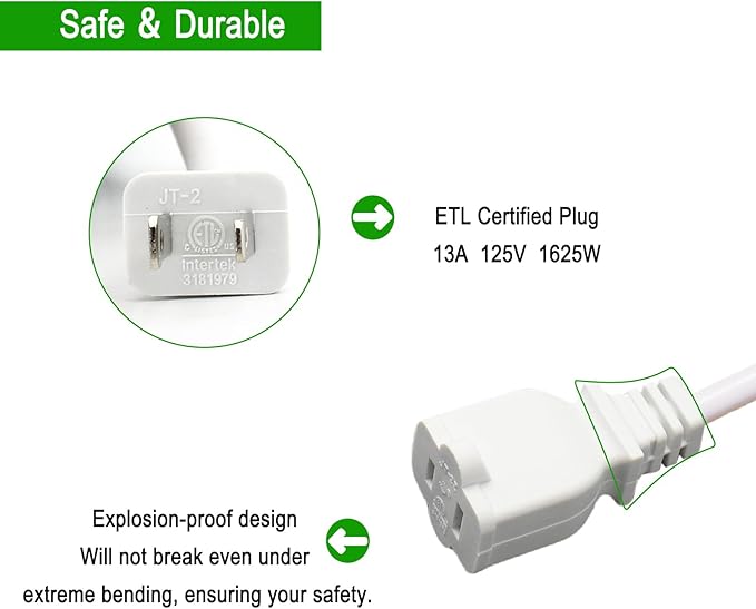 White Outdoor Waterproof 2 Prong Extension Cord 100 FT Heavy Duty ETL Listed Outside Power Cord for Lawn & Garden, 13A 1625W 16AWG Indoor Tool Extension Cords