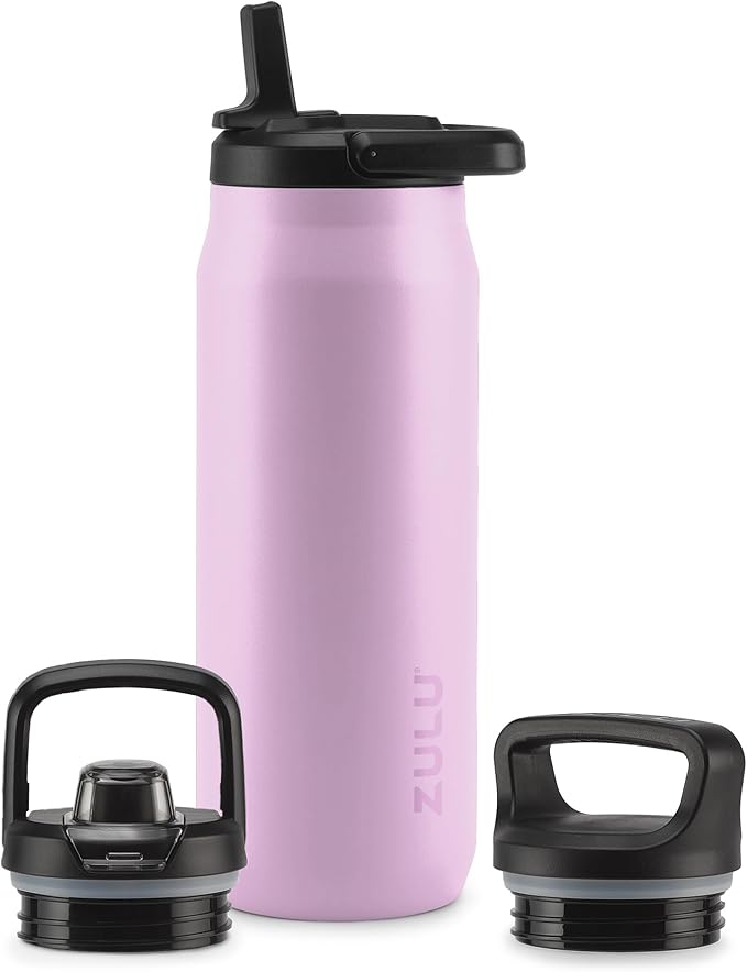 ZULU Base 32oz Stainless Steel Water Bottle with 3 Lids- Straw, Chug, Twist | Double Walled and Vacuum Insulated Metal Thermos | For Gym, Outdoor | Built in Carry Loop, Dishwasher Safe, Pink