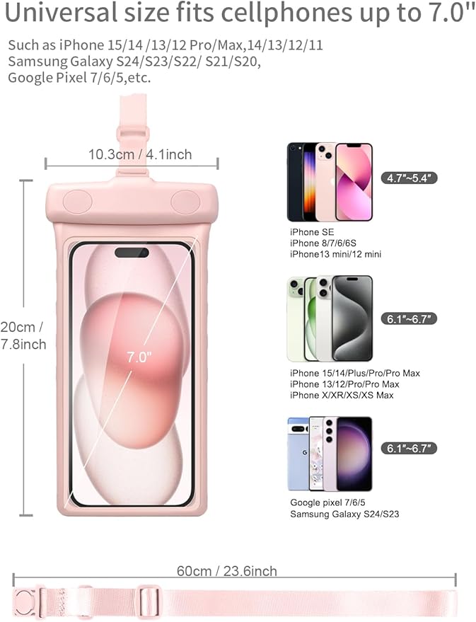 wellhouse Waterproof Phone Pouch, Waterproof Phone Case for iPhone 16 15 14 13 Pro Max XS Samsung, IPX8 3D Cellphone Dry Bag Beach Essentials -Earl Pink