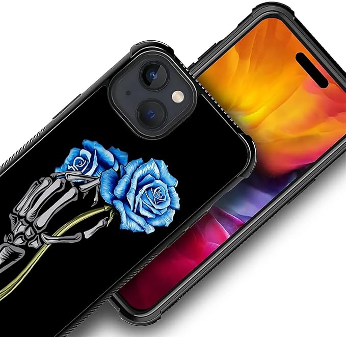 for iPhone 15 Case, Skeleton Holding Blue Rose Pattern Graphic Design Girl Boy Soft Silicone Hard Acrylic Shock Protection for iPhone 15