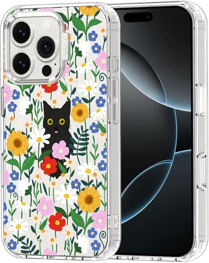 MOSNOVO Case for iPhone 16 Pro, [Buffertech 6.6ft Military-Grade Drop Protection] [Anti Peel Off Tech] Clear TPU Bumper Phone Case Cover Design - Black Cat in Garden