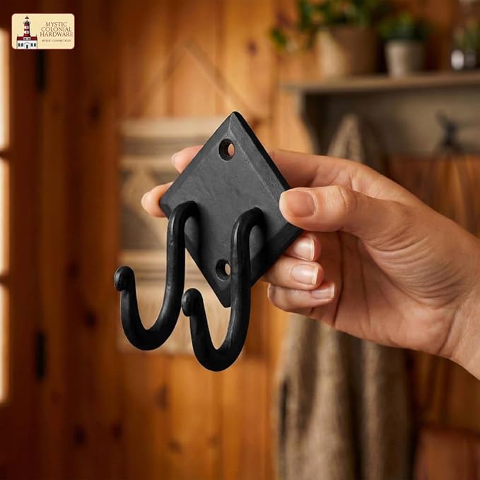Mystic Colonial Rustic Hand Forged Iron Wall Hook with Two Hangers: Ideal for Victorian, Colonial, Retro, Steampunk, Gothic, and Baroque Settings 8.8 cm Black Pack of 10