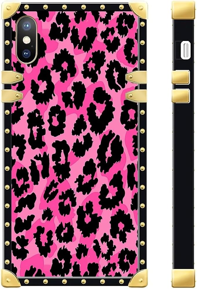 Compatible with iPhone XR Case, Pink Black Leopard Luxury Golden Decoration for Girl Women Soft TPU Shockproof Protective Hard PC Back for iPhone XR