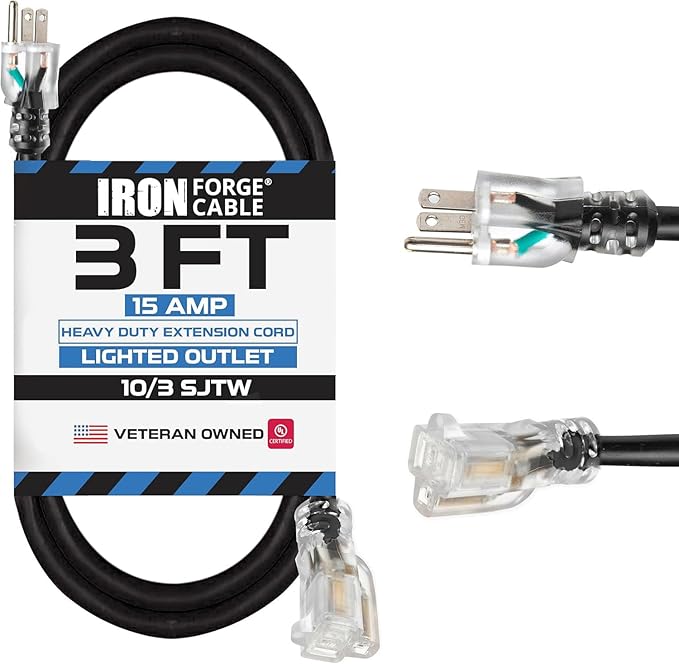 Iron Forge Cable 3 ft Lighted Outdoor Extension Cord - 10 Gauge Heavy Duty Extension Cord, 15 AMP, 10/3 Black Power Cable SJTW Weatherproof 3 Prong Grounded Plug for Safety
