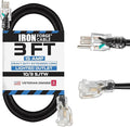 Iron Forge Cable 3 ft Lighted Outdoor Extension Cord - 10 Gauge Heavy Duty Extension Cord, 15 AMP, 10/3 Black Power Cable SJTW Weatherproof 3 Prong Grounded Plug for Safety