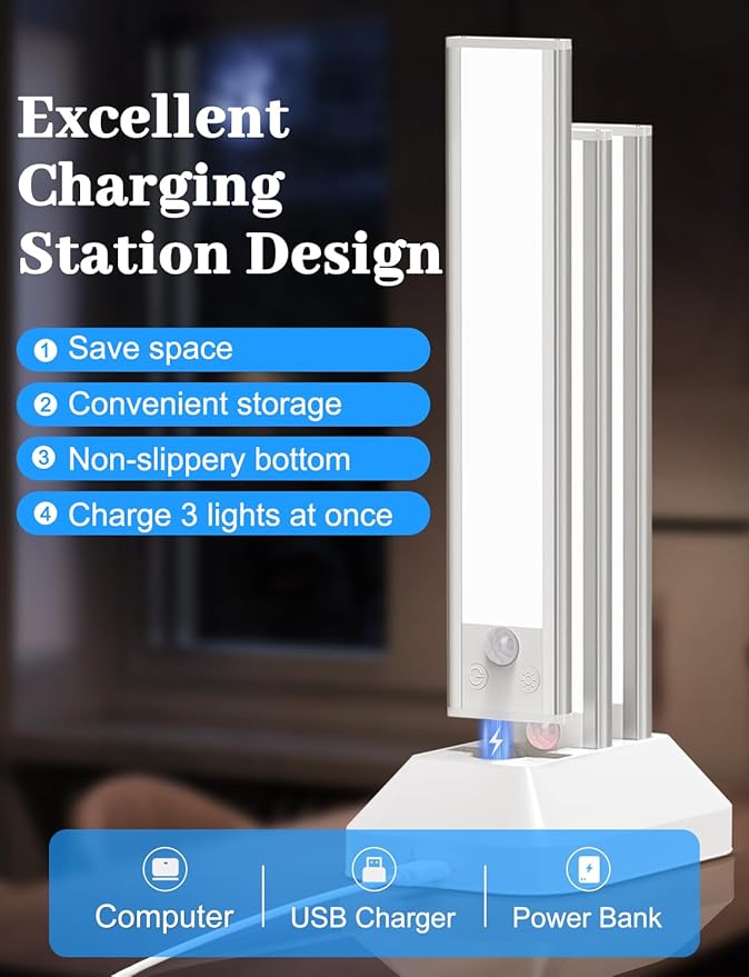 10in Under Cabinet Lighting with Charging Station, 2200mAh Rechargeable Wireless Motion Sensor Lights Indoor,Closet Lights with 3 Color Tempers, Battery Operated Cabinet Lights for Kitchen, 6-Pack
