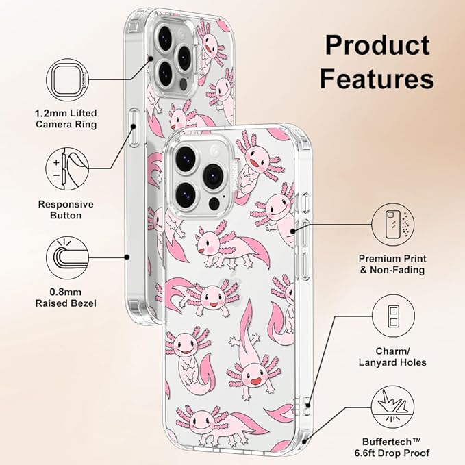 MOSNOVO Case for iPhone 13 Pro Max, [Buffertech 6.6ft Military-Grade Drop Protection] [Anti Peel Off Tech] Clear TPU Bumper Phone Case Cover Design - Pink Axolotl