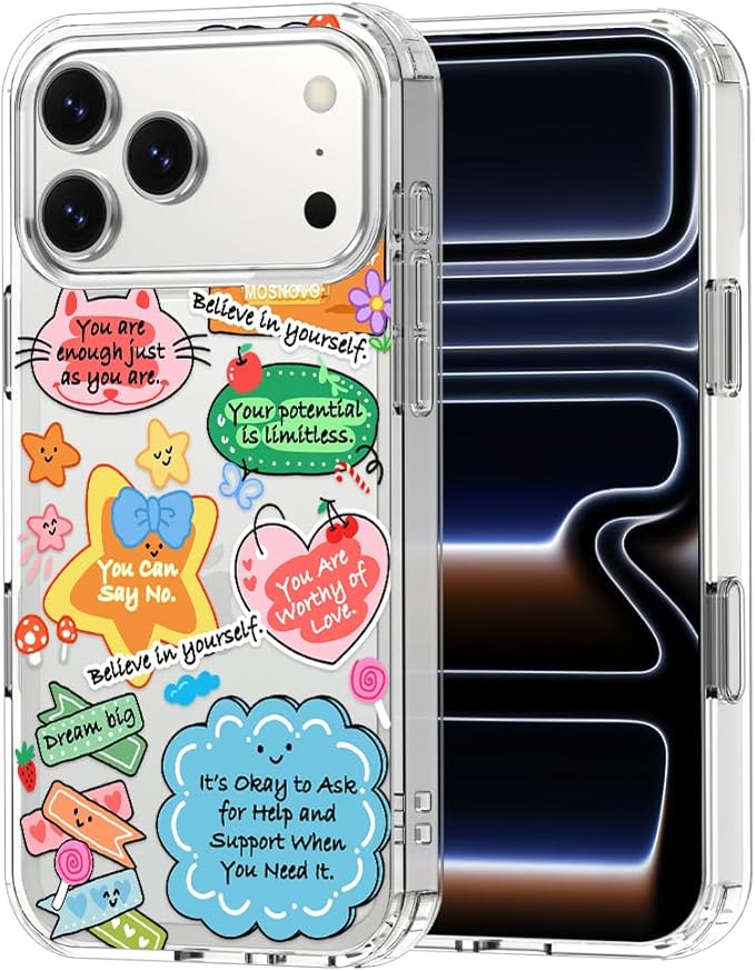 MOSNOVO for iPhone 17 Pro Max Case, Shockproof Military-Grade Protection 6.6ft Drop Tested, Camera Control, Clear Phone Case for iPhone 17 Pro Max, Self Love Club Design