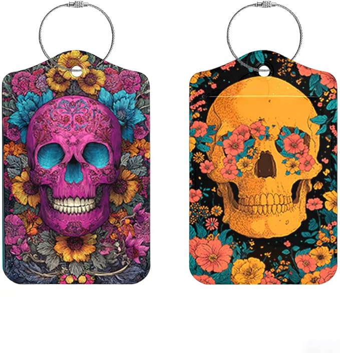 Cinco de Mayo Floral Skull Luggage Tags 2 Pcs, Mexican Fiesta Bag Tags for Luggage, Vibrant Travel Suitcase Name ID Identifiers, 2.83x4.53 Inch