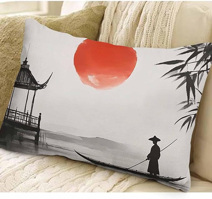 EKOBLA Throw Pillow Case 12x20 Inch Japan Traditional Japanese Painting Man with Boat Full Moon Cotton Linen Cushion Case for Sofa Couch 12x20 Inches