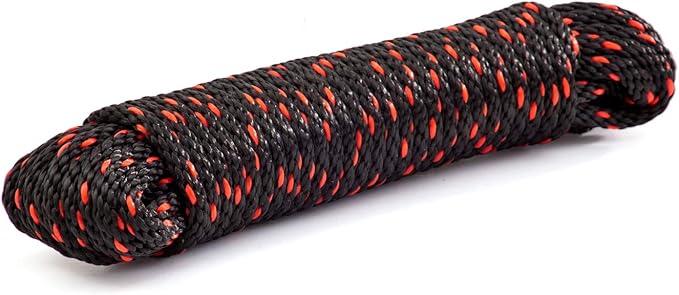 Rope Ratchet 1/4" 50 ft Braided Polypropylene Utility Cord, Weather Resistant Indoor Outdoor for Gardening, DIY Projects, Securing Loads, Binding, Knot Tying, Tarp Use, 150 lb Capacity - Black/Red