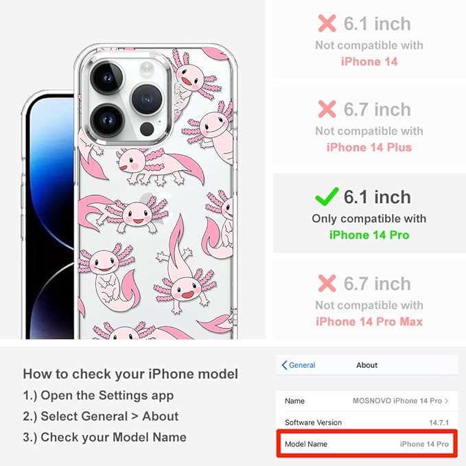 MOSNOVO Case for iPhone 14 Pro, [Buffertech 6.6ft Military-Grade Drop Protection] [Anti Peel Off Tech] Clear TPU Bumper Phone Case Cover Design - Pink Axolotl