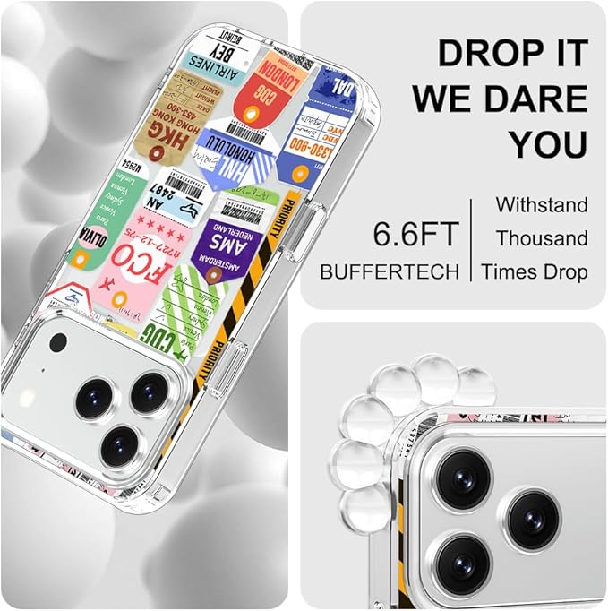 MOSNOVO for iPhone 17 Pro Case | Military Grade 6.6ft Drop Tested | Camera Control | Clear with Air Ticket Labels Design