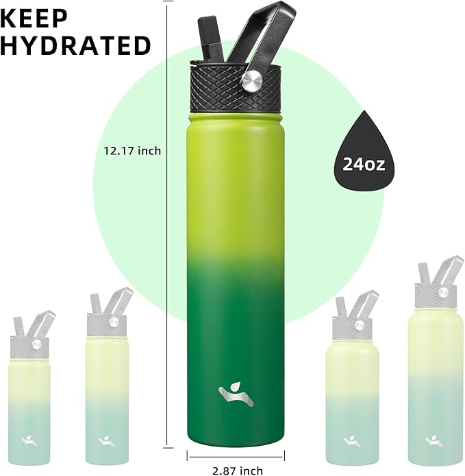 Konokyo Insulated Water Bottle 24oz Stainless Steel Sport Bottles with 3 Lids,Bamboo Grove