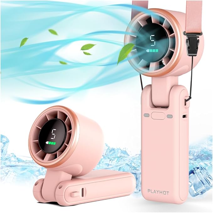 PlayHot Portable Handheld Turbo Fan, 5-Speed Personal Fans, 5000mAh Rechargeable Fans Up to 12 Hours, Weight only 0.6lb Small Fan, Hand/Neck/Desk Fan 3 IN 1, Beach Vacation Essentials(Pink)