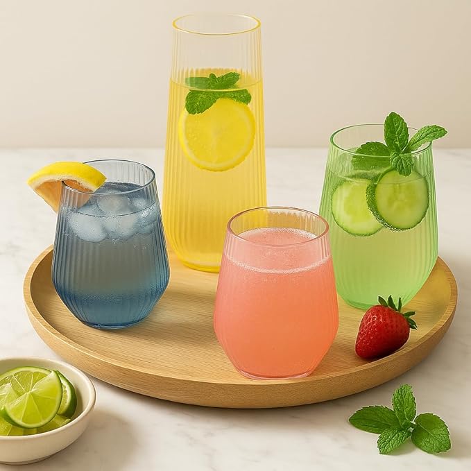 Oojami 48 Pack Ribbed Origami Ripple Plastic Glasses, 24 Stemless 9oz Champagne Flutes & 24 12oz Wine Cups – BPA-Free Disposable Shatterproof Drinkware for Weddings, Parties, Bars & Events (Clear)