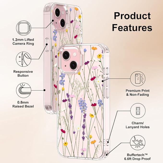 MOSNOVO Case for iPhone 15, [Buffertech 6.6ft Military-Grade Drop Protection] [Anti Peel Off Tech] Clear TPU Bumper Phone Case Cover Design - Floral Garden