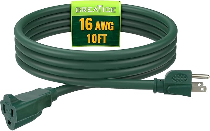 Indoor Outdoor Extension Cord 10 FT, 16/3 SJTW Weatherproof Green Electrical Cords, 13 AMP Heavy Duty 3 Prong Power Cable Great for Garden, Landscaping & Holiday Decorations