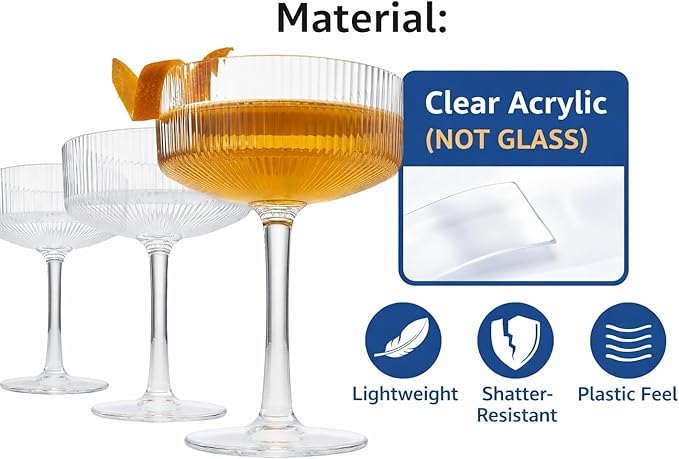 ACRYLIC Ribbed Coupe Glasses Set of 2 – 8oz Clear Shatterproof Acrylic (NOT GLASS) Cocktail, Martini & Champagne – 4in Dia 5.5in Tall, Reusable Plastic Cocktail Coupes, Towers, Indoor & Outdoor Use