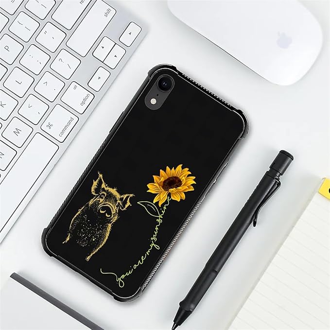 for iPhone XR Case, Pig Sunflower Yellow Sunshine Pattern Graphic Design Girl Boy Soft Silicone Hard Acrylic Shock Protection for iPhone XR