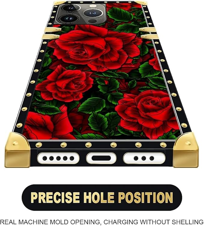 Compatible with iPhone 13 Pro Max Case, Vector Red Rose Green Leaf Luxury Golden Decoration for Girl Women Soft TPU Shockproof Protective Hard PC Back for iPhone 13 Pro Max
