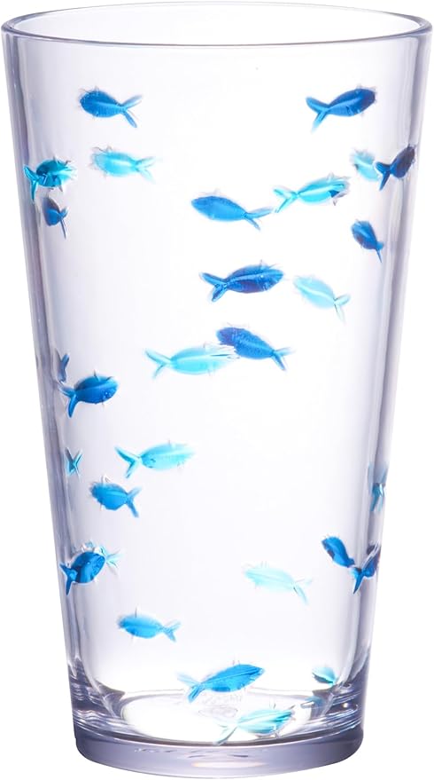 KLIFA- CHARLESTON- 19 oz, Set of 6, Acrylic Fishing Highball, School of Fish Drinking Glasses, BPA-Free, Stackable Plastic Drinkware, Dishwasher Safe Cups, Dark and Light Blue Printing