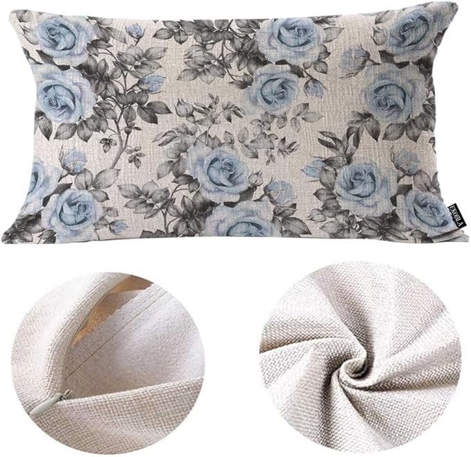 EKOBLA Farmhouse Throw Pillow Covers Blue Flowers Leaves Watercolor Floral Pattern Ink Painting Home Decorative Waist Lumber Cotton Linen Pillowcases Oblong Rectangle 12x20 Inches