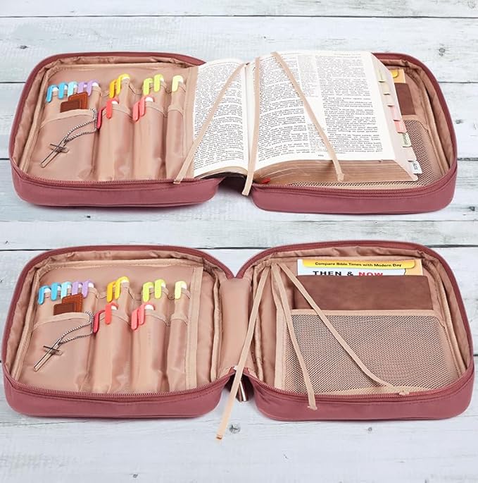 FINDCOZY Bible Cover for Women, Durable Carrying Book Case Church Bag for Biblical Accessories with Handle and Zippered Pocket, for Scriptures, Rosewood Pink