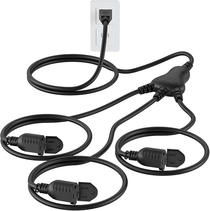 PLUGTUL 12FT Outdoor Extension Cord with Multiple Outlets, 1 to 3 Splitter Max 6FT End to Male Plug (Total 12FT) 16/3 SJTW Waterproof Power Cord for Halloween Christmas, ETL Listed, Black
