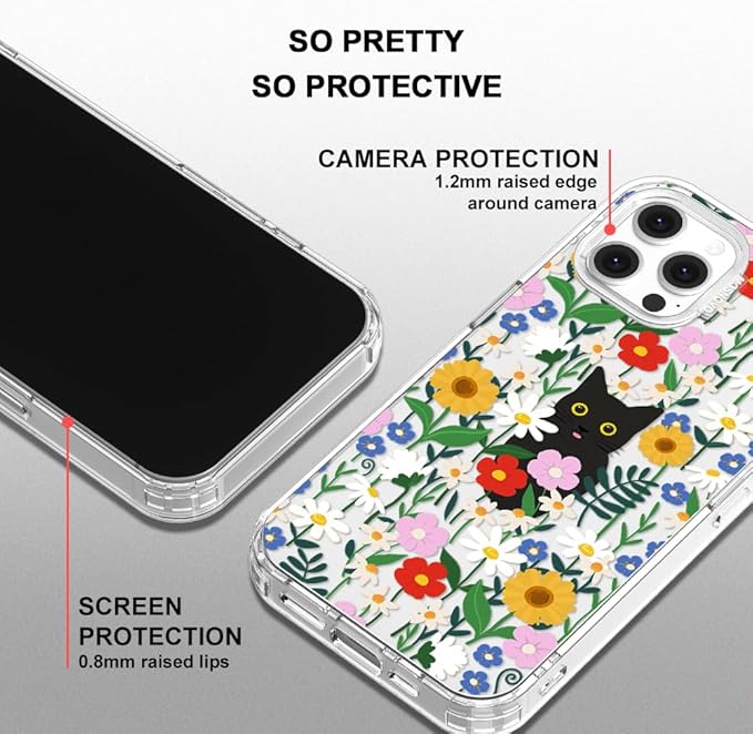 MOSNOVO Case for iPhone 12 & iPhone 12 Pro, [Buffertech 6.6ft Military-Grade Drop Protection] [Anti Peel Off Tech] Clear TPU Bumper Phone Case Cover Design - Black Cat in Garden