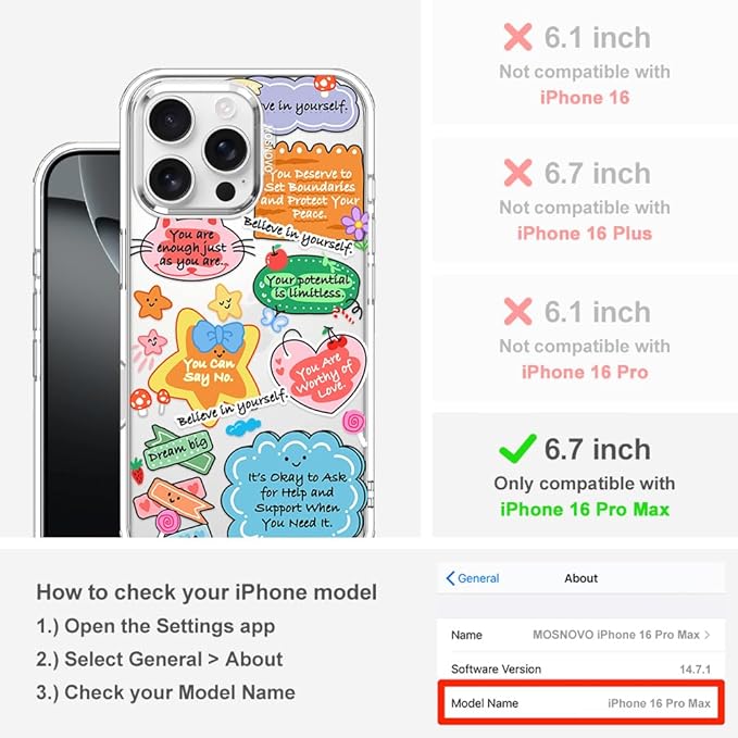 MOSNOVO for iPhone 16 Pro Max Case, Shockproof Military-Grade Protection 6.6ft Drop Tested, Clear Phone Case for iPhone 16 Pro Max, Self Love Club Design