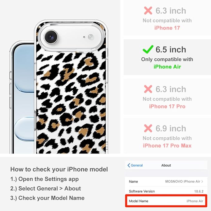 MOSNOVO for iPhone Air Case | Military Grade 6.6ft Drop Tested | Camera Control | Clear with Leopard Print Design