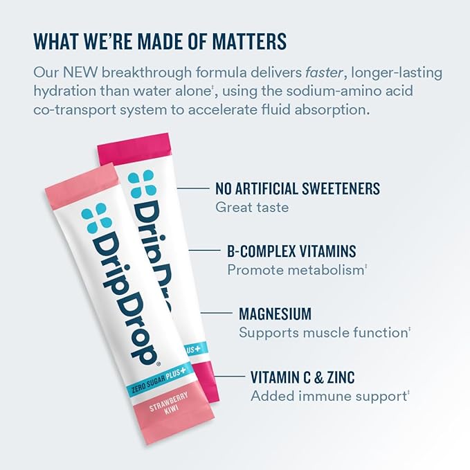 DripDrop Zero Sugar Plus - Sugar Free Hydration Packets - Single Serve Electrolytes Powder Drink Mix - Strawberry Kiwi, Peach, Cherry Limeade, Wild Berry - Non-GMO, Vegan - 16 Sticks