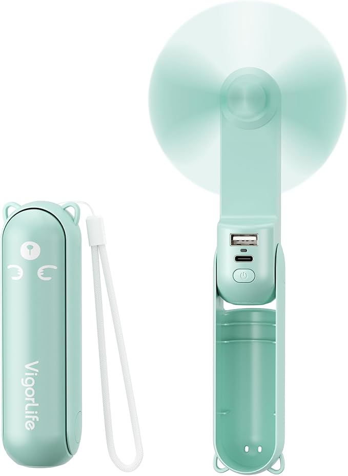 Mini Handheld Fan,USB Rechargeable 3 IN 1 Personal Cooler Fans with Power Bank,LED Flashlight,Small Foldable Portable Pocket Fan-Travel & Emergency Essentials for Outdoor Cyan