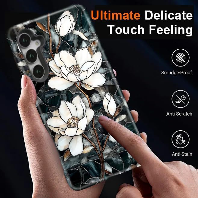 Compatible for Samsung Galaxy A37 5G Case, Dual Layer Heavy Duty 2 in 1 Shockproof Protective Phone Case,Stained Glass White Magnolia