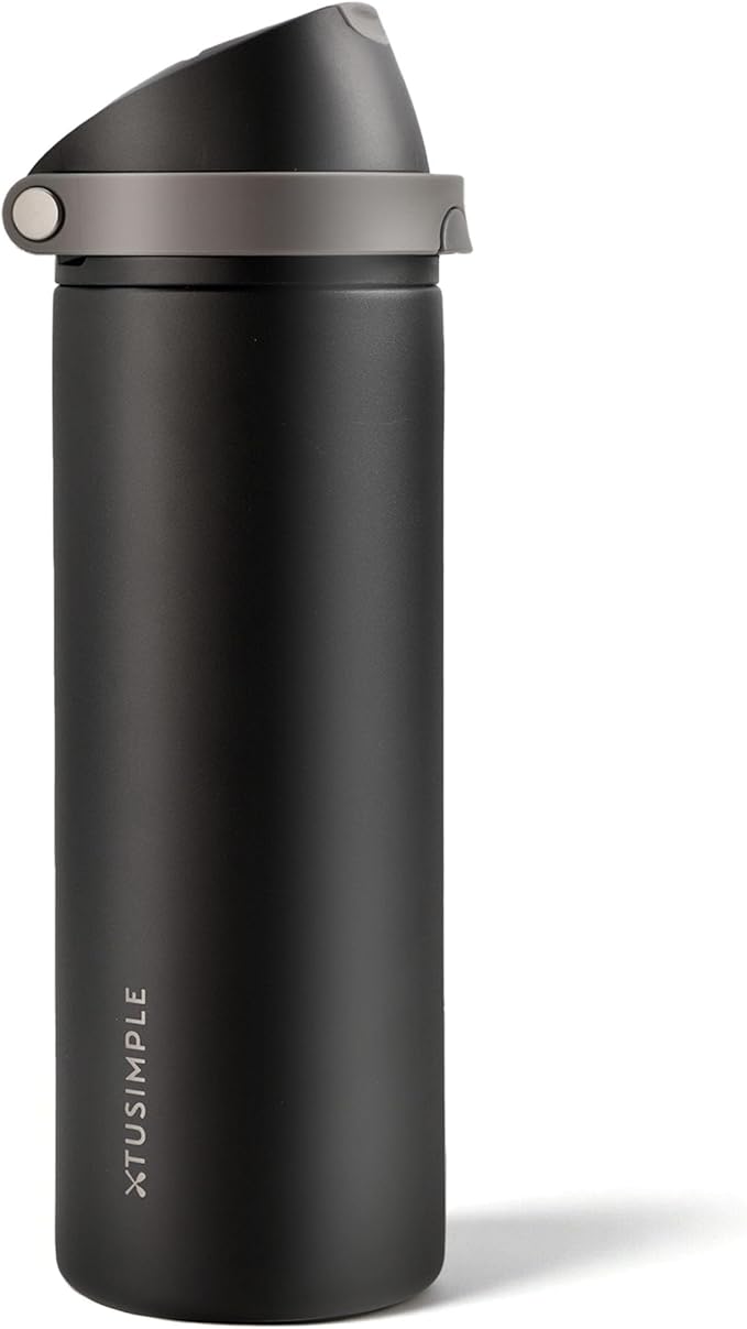 24 oz Stainless Steel Water Bottle with 2-in-1 Quick Flip Straw and Push Button Spout Lid, Fits Car Cupholder, Triple Walled Vacuum Insulated Metal Leakproof, for Gym, Hiking, Trip, Black