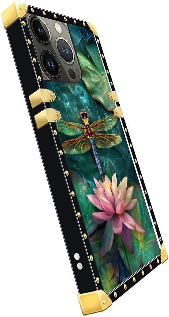 Compatible with iPhone 14 Pro Case, Colourful Dragonfly Pink Lily Pads Luxury Golden Decoration for Girl Women Soft TPU Shockproof Protective Hard PC Back for iPhone 14 Pro