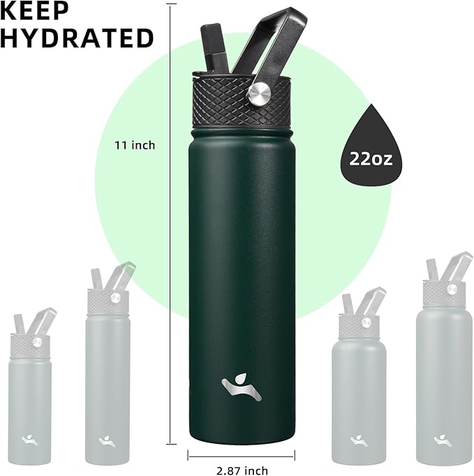 Konokyo 22oz Stainless Steel Bottles with 3 Lids Sport Insulated Water Bottle,Army Green