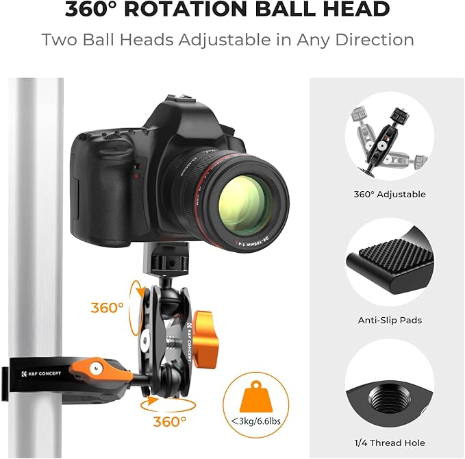 K&F CONCEPT Camera Clamp Mount, Super Clamp Mount Magic Arm with Two 360° Ball Heads, ARRI 1/4" Screw Threads for DSLRs, Action Camera, Tripod, Phone Compatible with Gopro/DJI/Insta360