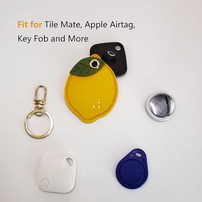 Universal Smart Tag Holder Fit for Tile Mate, AirTag, Galaxy SmartTag, eufy SmartTrack Link, Key Fob, Leather Cute Air Tracker Case with Key Rings, (Lemon)