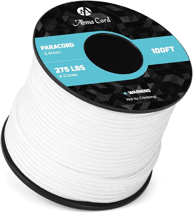 Abma Cord 2.4mm Paracord 275 100ft Nylon Rope 4 Strands Tactical Parachute Cord - Max. 275lbs - White