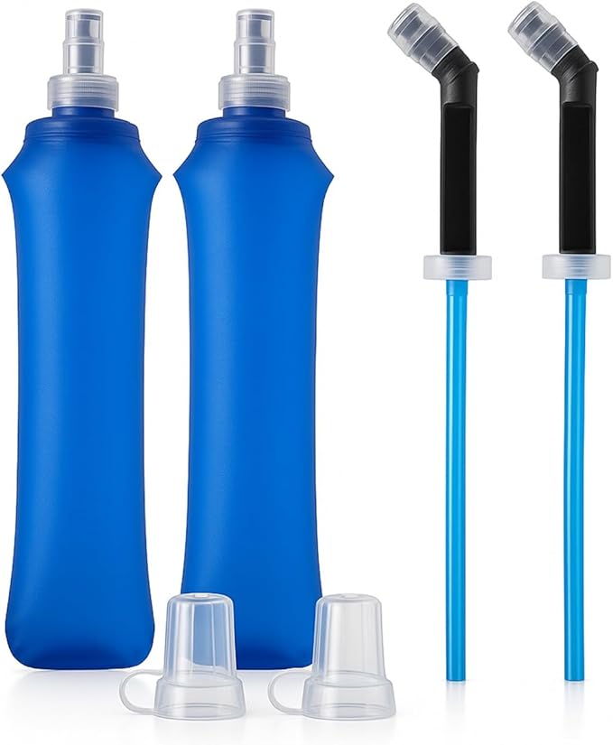 TPU Soft Flask 500ml with Straw & Cap, 2 Pack Collapsible Sports Water Bottles, BPA Free Running Water Bottle with Straw, Lightweight Foldable Flask for Running, Hiking, Trail & Outdoor Activities