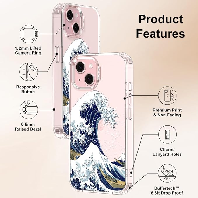 MOSNOVO Case for iPhone 15, [Buffertech 6.6ft Military-Grade Drop Protection] [Anti Peel Off Tech] Clear TPU Bumper Phone Case Cover Design - Great Wave