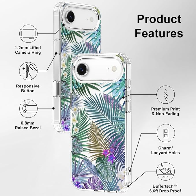 MOSNOVO for iPhone Air Case | Military Grade 6.6ft Drop Tested | Camera Control | Clear with Tropical Rainforests Design