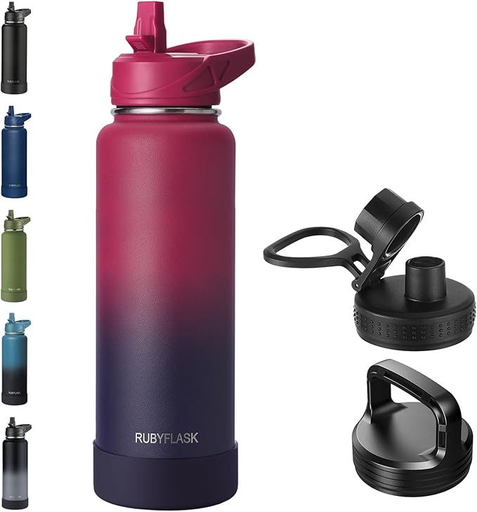 RUBYFLASK 40oz Insulated Water Bottle with Straw, Stainless Steel Metal Vacuum Water Flask, Large Thermal Water bottle with Leakproof 3 Lids for Travel, Camping, Gym Sports Dark Rainbow