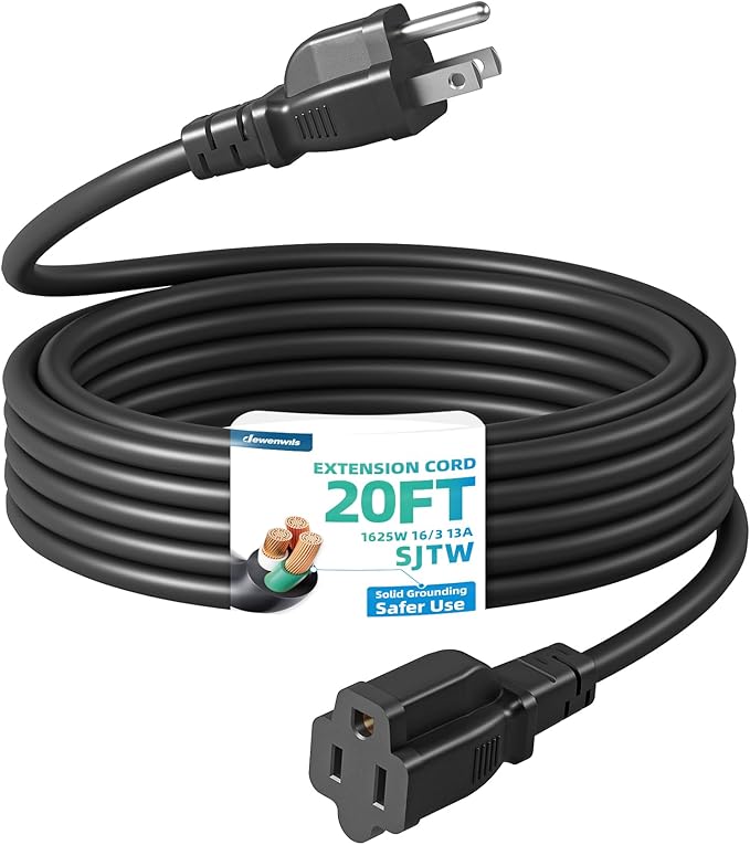 DEWENWILS Extension Cord 20 FT, 3 Prong Waterproof Extension Cable for Indoor Outdoor Appliances, 16/3 SJTW, Black, ETL Listed, 1 Pack