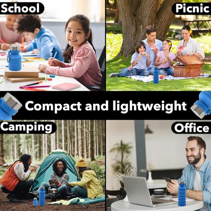 Gadgetime USA Collapsible Water Bottle (Blue) - Reusable, BPA Free, Silicone, Foldable Portable & Leak Proof - Water Bottles for Travel Gym Camping Hiking - Sports Water Bottle with Carabiner