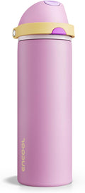 Insulated Water Bottle with Straw - Encool Stainless Steel Water Bottle with Push Button Lid, Leak-Proof & BPA-Free, Keeps Cold for 24 Hours for Sports, Travel, Gym (24 oz, Light Orchid-Fuchsia)