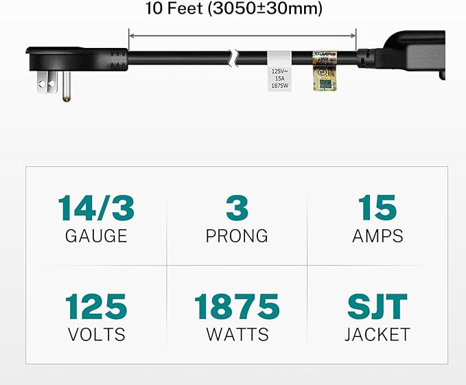FIRMERST 1875W 14 Gauge Flat Plug Extension Cord 10 ft 15A Black, Pack of 2
