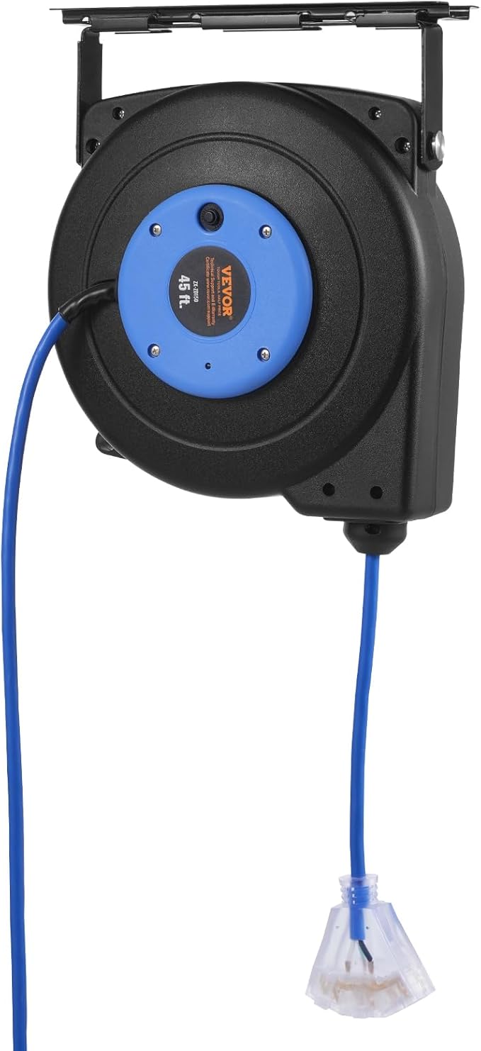 VEVOR Retractable Extension Cord Reel, 45 FT, Heavy Duty 12AWG/3C SJTOW Extension Power Cord with Lighted Triple Tap Outlet, 15A Circuit Breaker 180° Swivel Bracket for Ceiling or Wall Mount, Blue